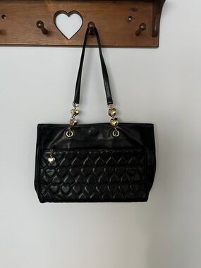 Moschino Black Quilted Shoulder Tote with Gold Heart Hardware